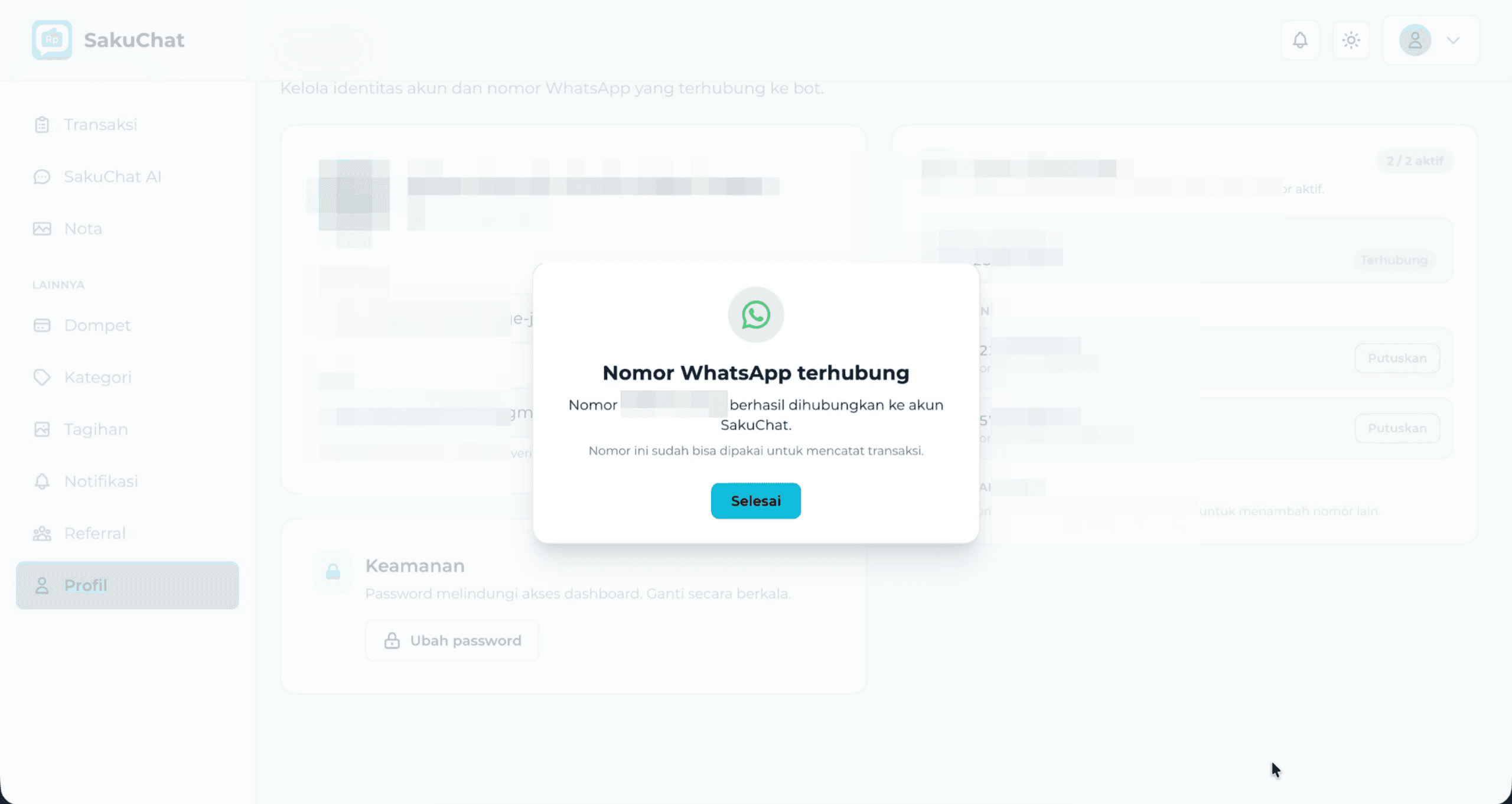 Dialog Nomor WhatsApp terhubung setelah nomor tambahan berhasil disambungkan